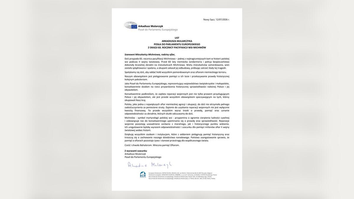 List okolicznościowy Europosła Arkadiusza Mularczyka z okazji 83. rocznicy Pacyfikacji Wsi Michniów 